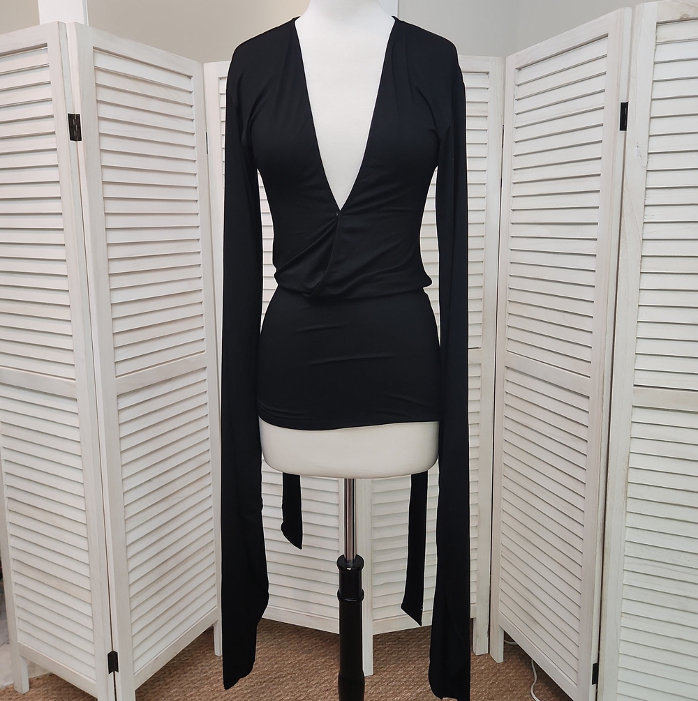 Dolls Kill Widow Black Deep V Long Sleeve Top Size S
